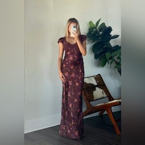 new Free People Butterfly Babe satin lace maxi slip dress in brown floral combo